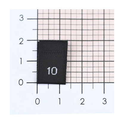 WOVEN SIZE LABEL SIZES 0 - 20 WHITE TEXT ON SATIN BLACK PACK 100