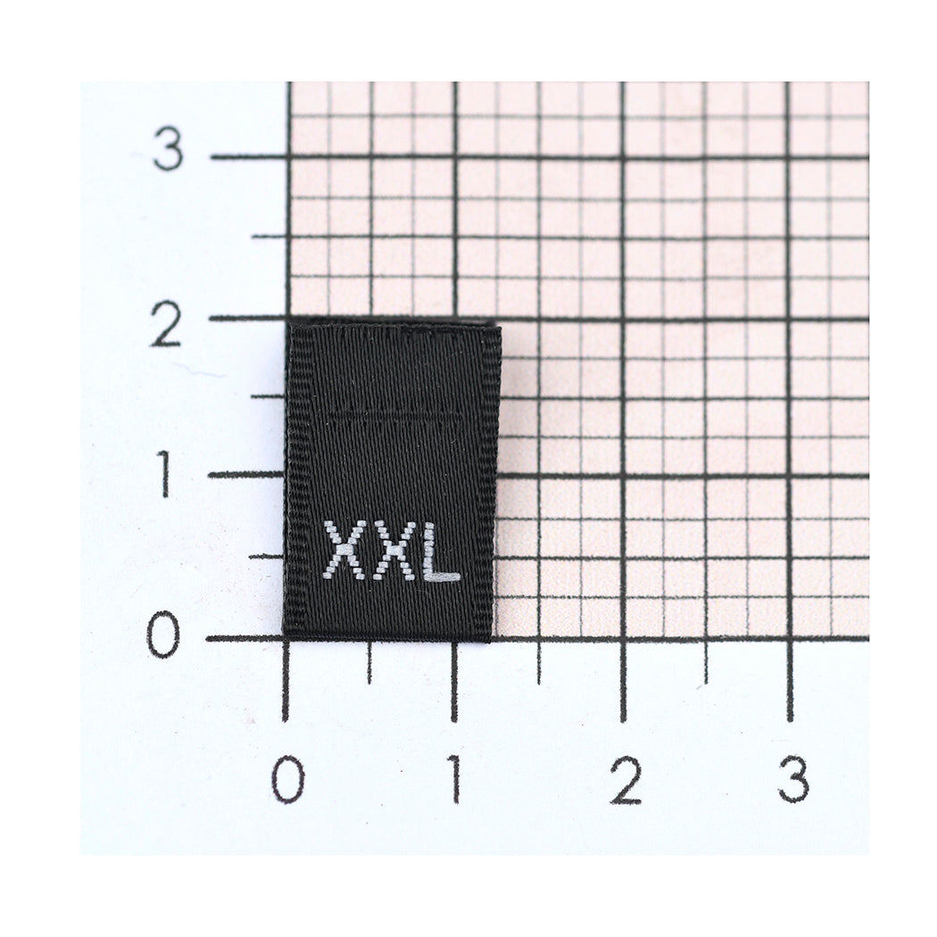 WOVEN SIZE LABEL SIZES XS - XXL WHITE TEXT ON SATIN BLACK PACK 100