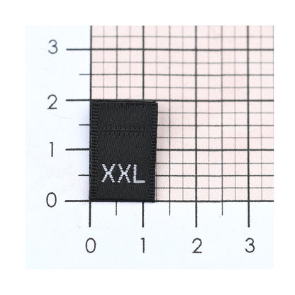 WOVEN SIZE LABEL SIZES XS - XXL WHITE TEXT ON SATIN BLACK PACK 100