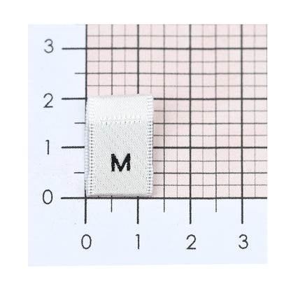 WOVEN SIZE LABEL SIZES XS - XXL BLACK TEXT ON SATIN WHITE PACK 100