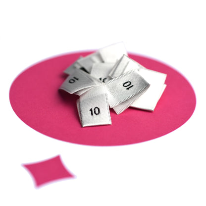 WOVEN SIZE LABEL SIZES 0 - 20 BLACK TEXT ON SATIN WHITE PACK 100
