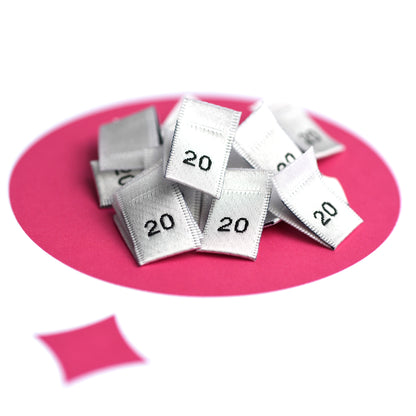 WOVEN SIZE LABEL SIZES 0 - 20 BLACK TEXT ON SATIN WHITE PACK 100