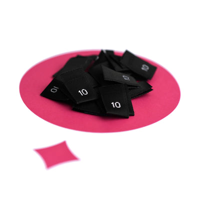 WOVEN SIZE LABEL SIZES 0 - 20 WHITE TEXT ON SATIN BLACK PACK 100