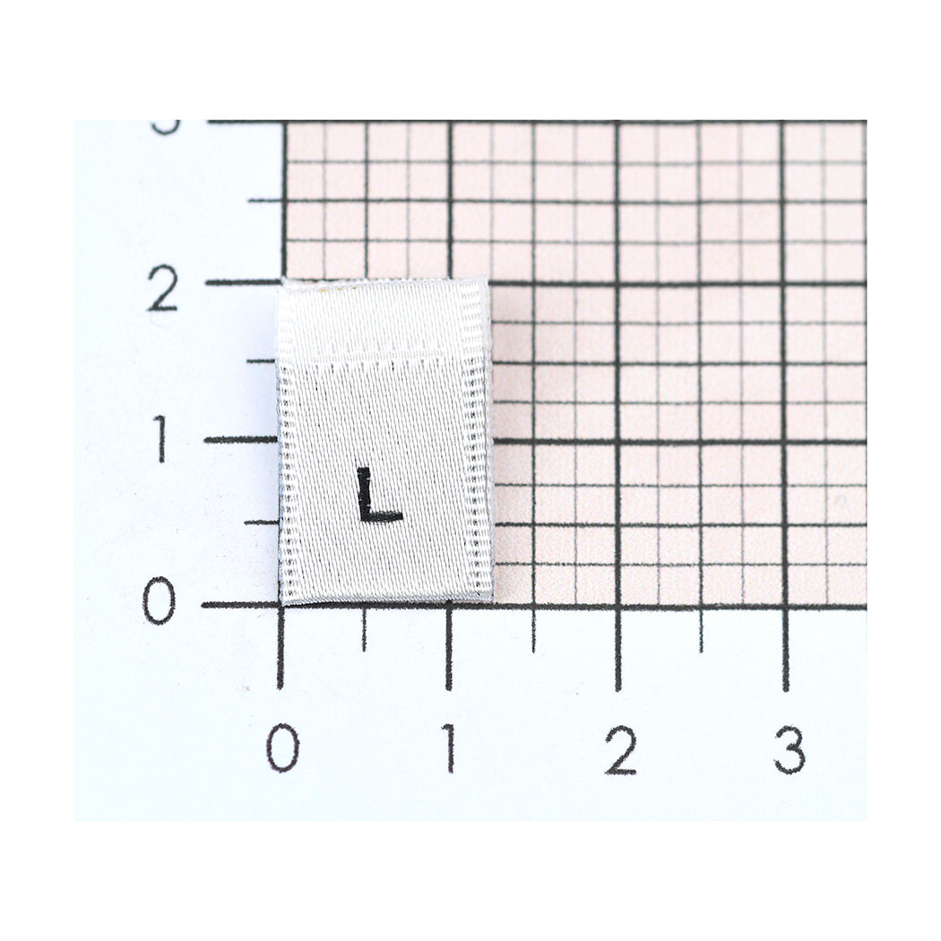 WOVEN SIZE LABEL SIZES XS - XXL BLACK TEXT ON SATIN WHITE PACK 100