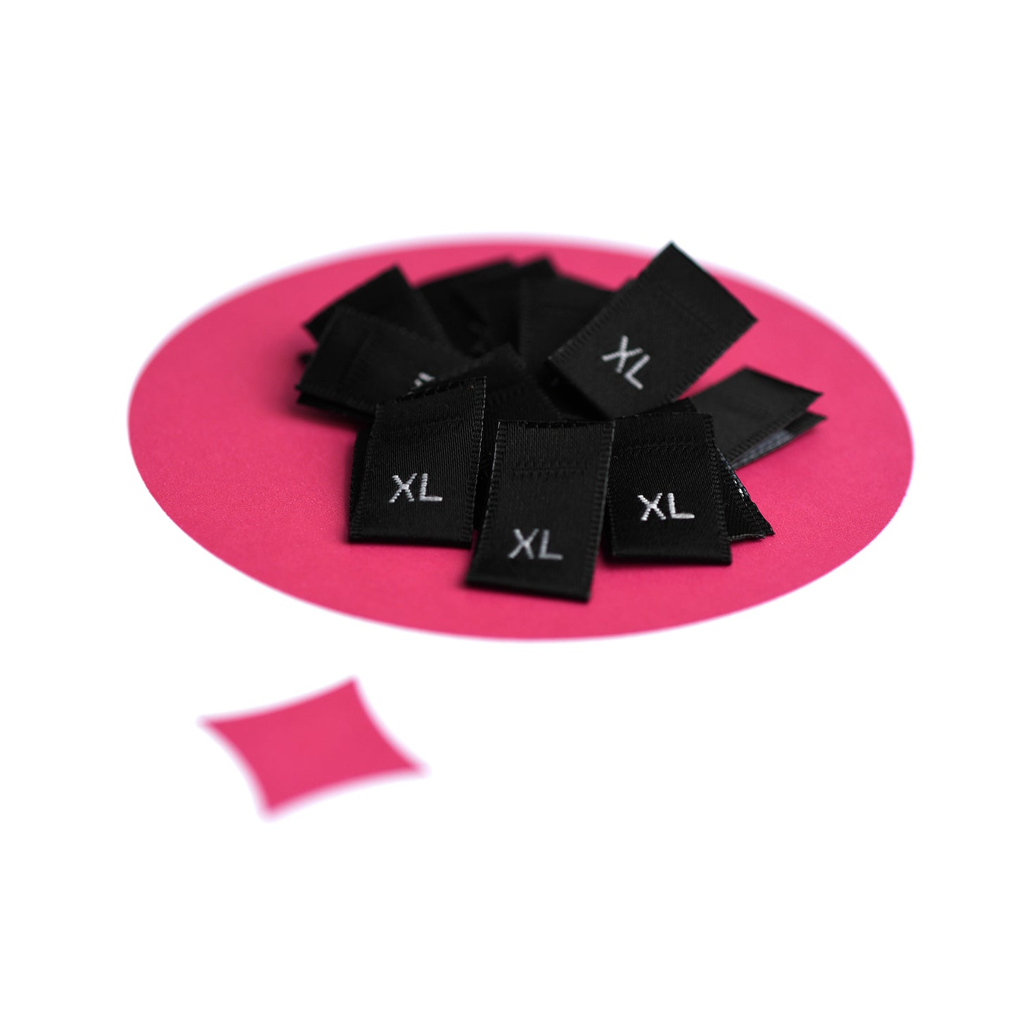 WOVEN SIZE LABEL SIZES XS - XXL WHITE TEXT ON SATIN BLACK PACK 100