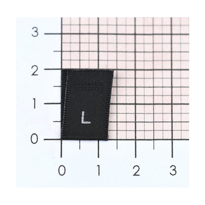 WOVEN SIZE LABEL SIZES XS - XXL WHITE TEXT ON SATIN BLACK PACK 100