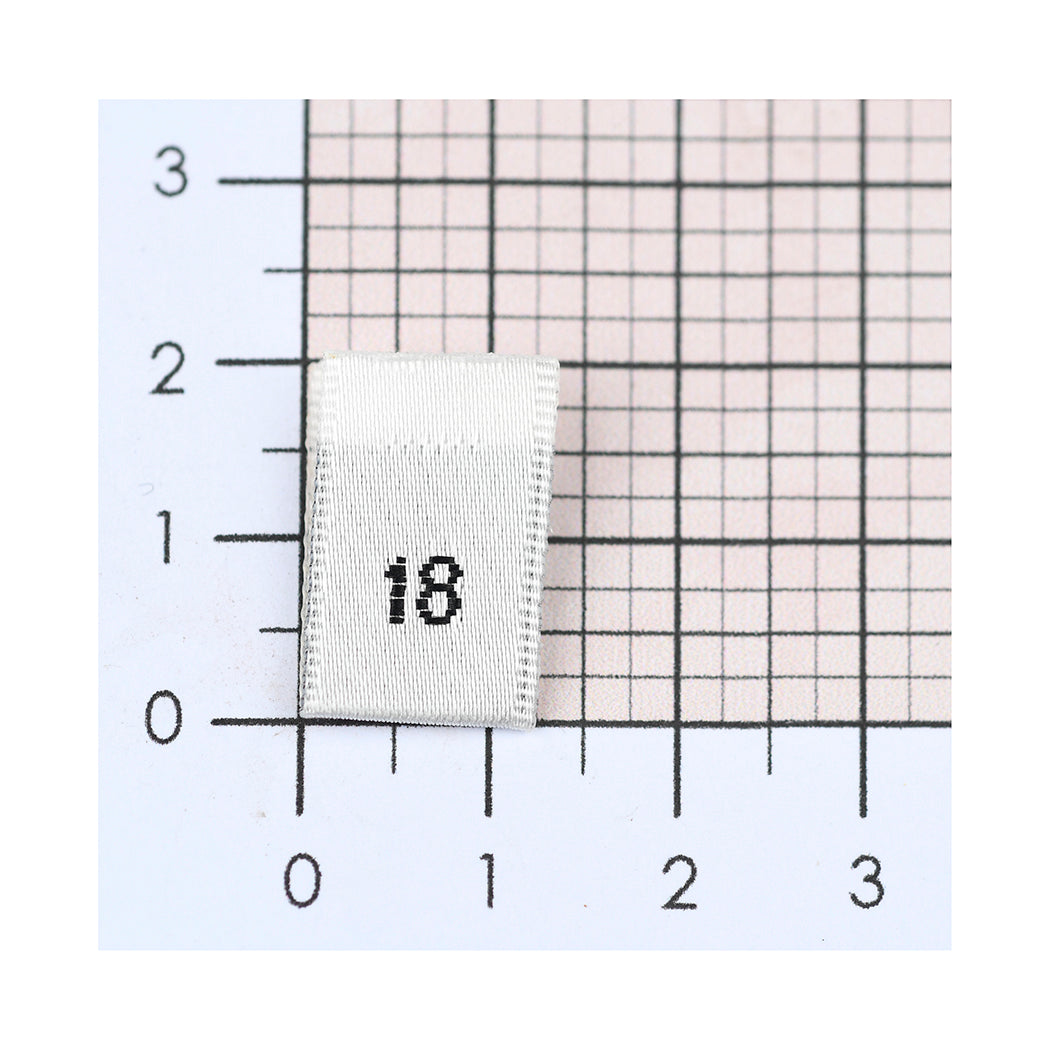 WOVEN SIZE LABEL SIZES 0 - 20 BLACK TEXT ON SATIN WHITE PACK 100