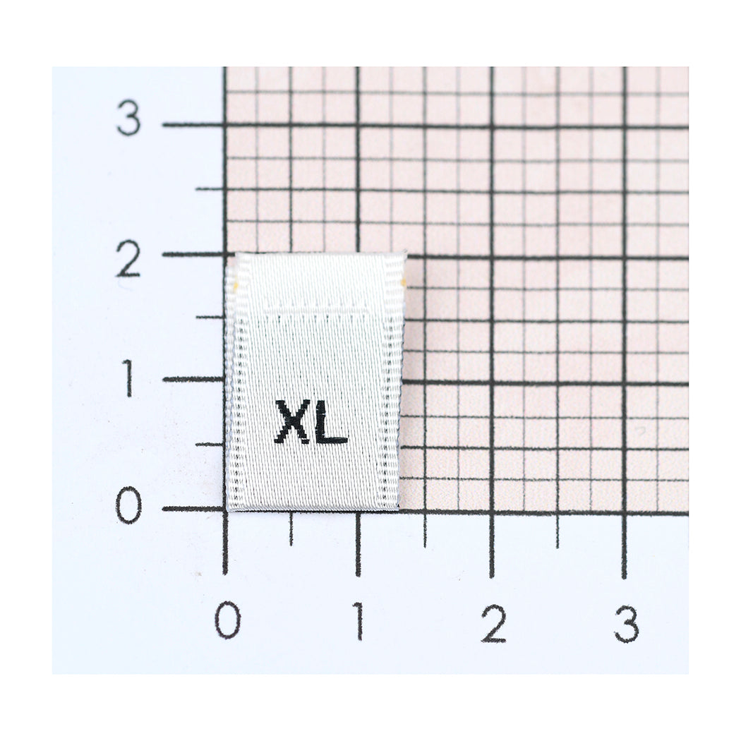 WOVEN SIZE LABEL SIZES XS - XXL BLACK TEXT ON SATIN WHITE PACK 100
