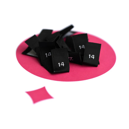 WOVEN SIZE LABEL SIZES 0 - 20 WHITE TEXT ON SATIN BLACK PACK 100