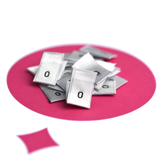 WOVEN SIZE LABEL SIZES 0 - 20 BLACK TEXT ON SATIN WHITE PACK 100