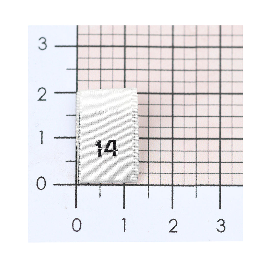 WOVEN SIZE LABEL SIZES 0 - 20 BLACK TEXT ON SATIN WHITE PACK 100