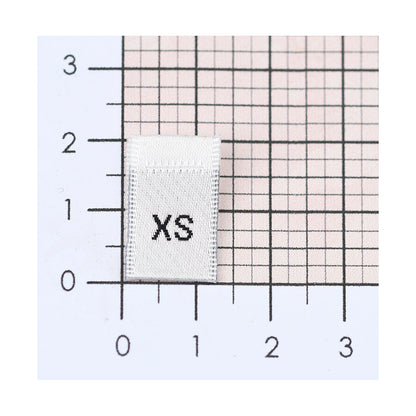 WOVEN SIZE LABEL SIZES XS - XXL BLACK TEXT ON SATIN WHITE PACK 100
