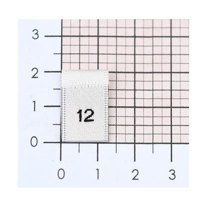 WOVEN SIZE LABEL SIZES 0 - 20 BLACK TEXT ON SATIN WHITE PACK 100