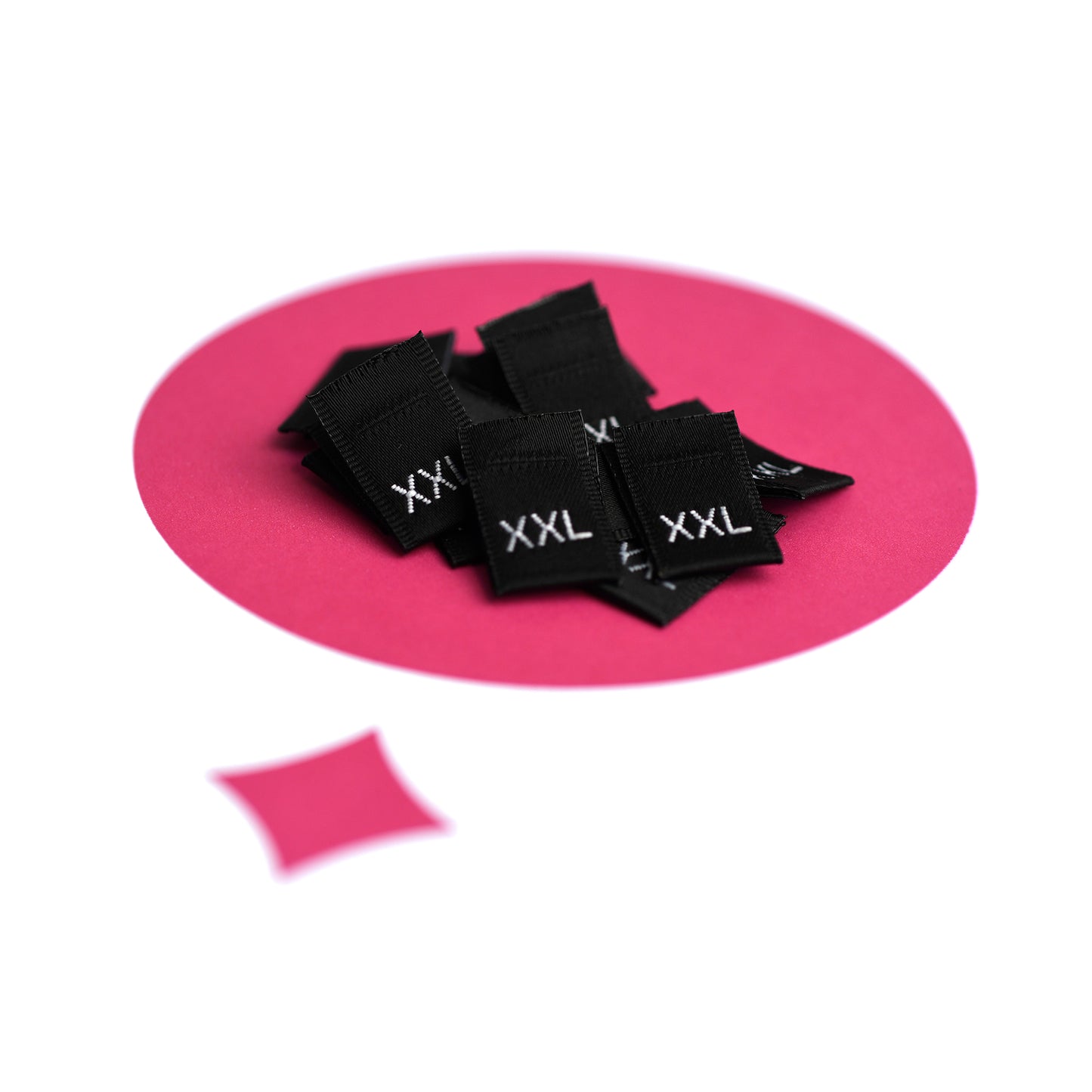 WOVEN SIZE LABEL SIZES XS - XXL WHITE TEXT ON SATIN BLACK PACK 100