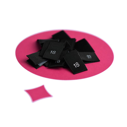 WOVEN SIZE LABEL SIZES 0 - 20 WHITE TEXT ON SATIN BLACK PACK 100