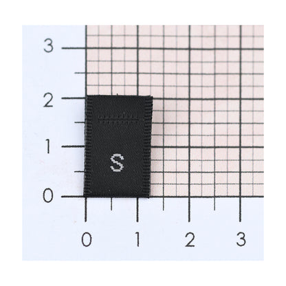 WOVEN SIZE LABEL SIZES XS - XXL WHITE TEXT ON SATIN BLACK PACK 100