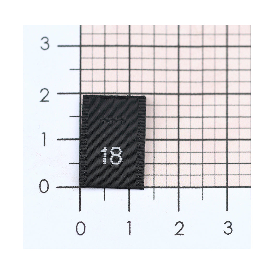 WOVEN SIZE LABEL SIZES 0 - 20 WHITE TEXT ON SATIN BLACK PACK 100