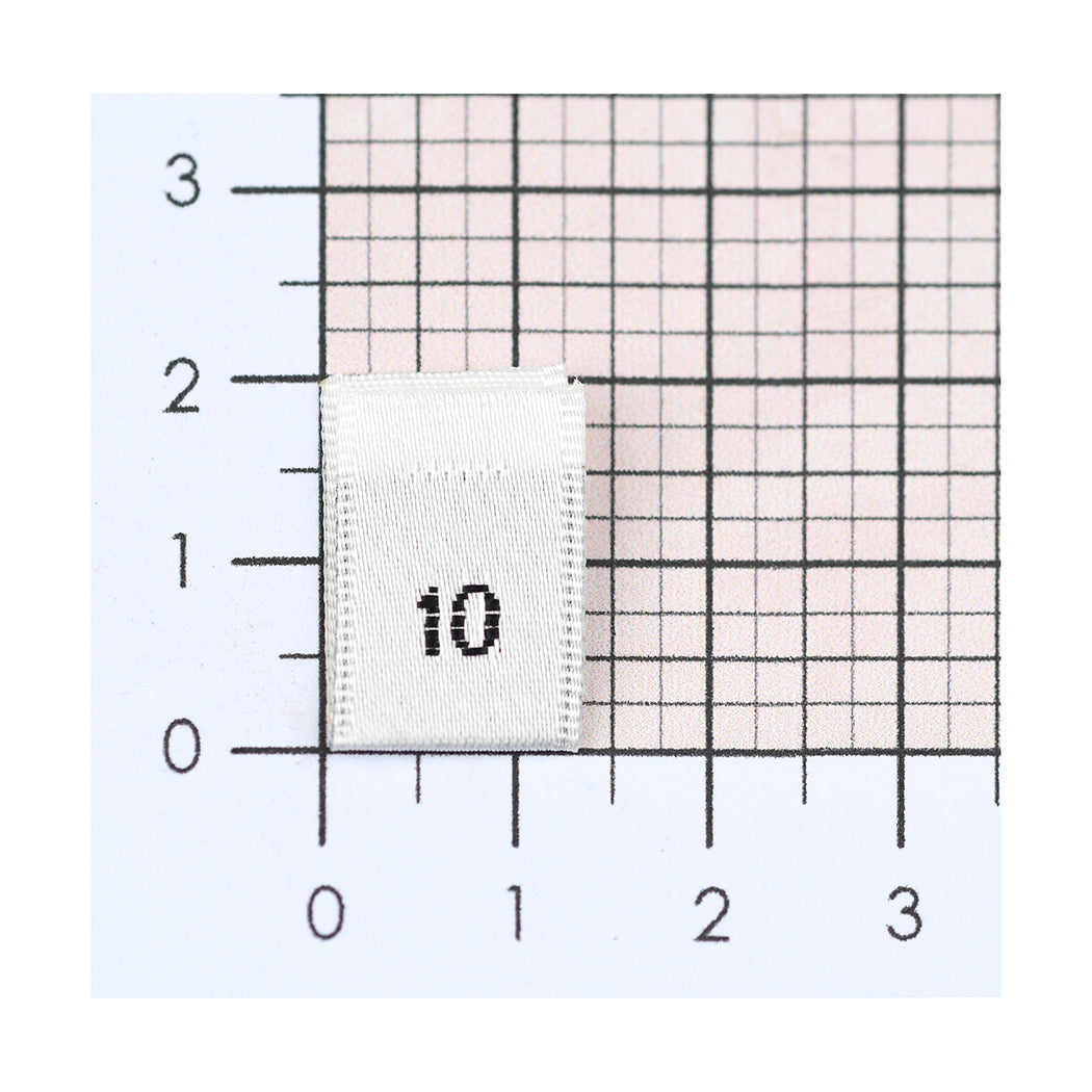 WOVEN SIZE LABEL SIZES 0 - 20 BLACK TEXT ON SATIN WHITE PACK 100