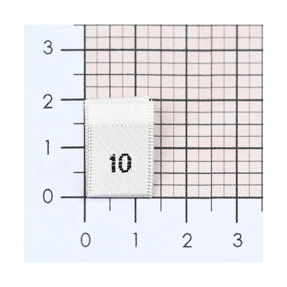 WOVEN SIZE LABEL SIZES 0 - 20 BLACK TEXT ON SATIN WHITE PACK 100
